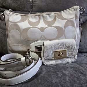 Coach Beige and White Signature Canvas Shoulder Bag with Removable Strap